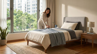 Woman arranging a single mattress in a bright Singapore bedroom with neutral bedding, wooden bedside table, and large condo window.