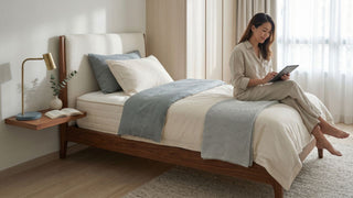 Woman sitting on a single mattress in a small Singapore bedroom with neutral bedding, wooden bed frame, and soft daylight.
