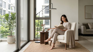 Woman reading on a cream single seater sofa beside a balcony in a bright Singapore condo living room.