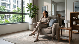 Woman reading on a beige single seater sofa in a bright Singapore condo living room with side table and indoor plant.