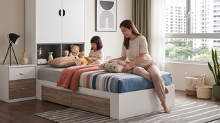 Single storage bed in a compact Singapore bedroom with clean modern styling