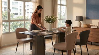 Sintered stone dining table arranged in a spacious Singapore dining area