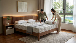 Couple arranging pillows on a Sleepynight mattress in a warm modern Singapore bedroom
