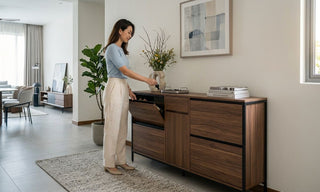 Woman opening a walnut slim shoe cabinet in a modern Singapore entryway with warm wood storage and neutral decor.