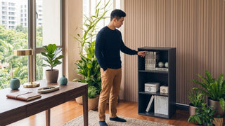 Small black bookshelf styled with books and decor beside a wooden desk in a bright Singapore study
