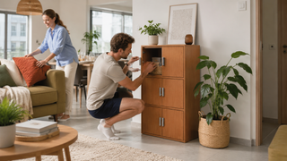 Small wooden cabinet used for tidy living room storage in a modern Singapore apartment for MegaFurniture.