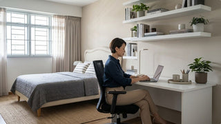 Small studio study setup with wall shelves, white desk, and ergonomic office chair
