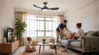 Smart ceiling fan with light in a bright modern Singapore living room with a family relaxing on a sofa.