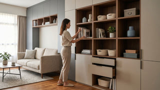 Woman arranging books on a tall living room storage cabinet with open shelves, drawers, and closed panels in a Singapore home.