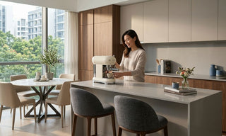 SMEG coffee machine on a modern kitchen island in a Singapore condo home