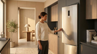 Woman using a SMEG fridge in a stylish Singapore kitchen with warm wood cabinetry