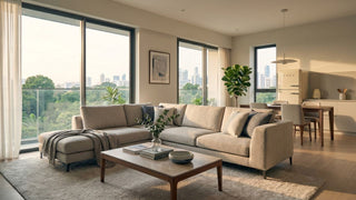 Cream SMEG retro fridge in an open-plan Singapore condo kitchen and living room with beige sofa and warm natural light.