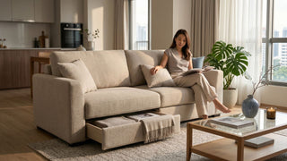 Woman reading on a beige sofa bed with under-seat storage in a bright Singapore apartment living room