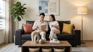 Sofa deep cleaning setup in a Singapore living room with fabric upholstery care tools
