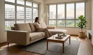 Beige 3-seater sofa in a bright Singapore HDB living room showing practical sofa dimensions and walkway space
