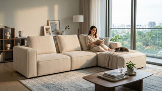 Beige L-shaped sofa in a bright Singapore condo living room with a woman reading and a cat on the chaise