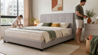 Soft modern upholstered storage bed in a restful Singapore bedroom styled for a budget-friendly MegaFurniture look