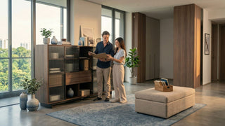 Couple organising a display cabinet and storage furniture in a bright Singapore spare room with wardrobes and an ottoman.