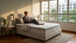 Woman reading on a spring mattress in a Singapore HDB bedroom with grey headboard, warm light and parquet flooring