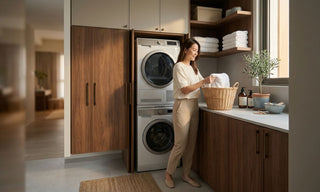 Woman folding towels beside a stacked washer and dryer in a modern Singapore laundry bay