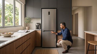 Man checking a stainless steel fridge freezer in a compact HDB kitchen with wood cabinets and natural light