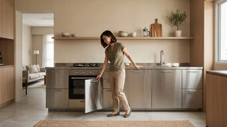 Woman opening stainless steel kitchen cabinets in a Singapore home kitchen with warm neutral styling