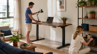 Stand up desk in a bright modern Singapore home office with practical storage and warm natural decor.