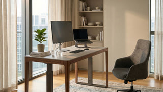 Standing computer desk with monitor, laptop, plant and office chair in a bright Singapore condo home office.