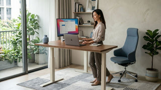 Woman using a wooden standing desk with monitor and ergonomic chair in a bright Singapore home office.