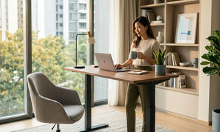 Woman using a wooden standing desk beside a window in a modern Singapore home office.