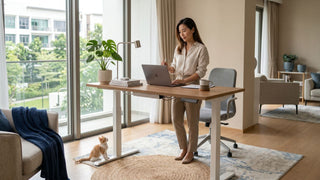 Woman using a wooden standing desk in a bright Singapore home office with a grey chair and cat nearby