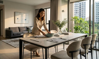 Woman styling a stone top dining table in a modern Singapore condo dining room with balcony view.