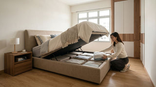 Woman organising folded clothes inside a lift-up storage bed in a Singapore bedroom with wardrobe storage.