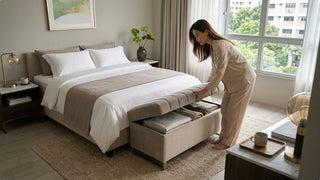 Woman using a beige storage ottoman bench for folded linens in a bright bedroom