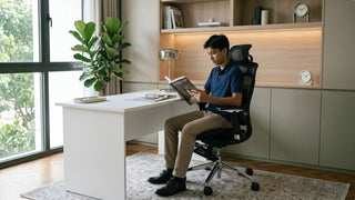 Man reading under study room lighting at a white desk in a modern home office