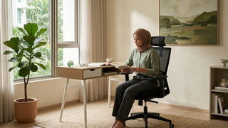 Woman reading at a study table with ergonomic chair beside a window in a calm home office