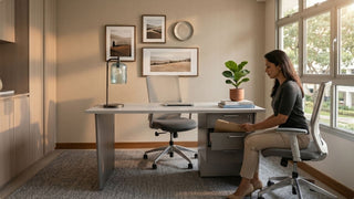 Woman organising files in a desk drawer beside a study table in a warm HDB home office setup