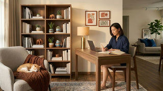 Study table with shelf in a warm Singapore home office with books, laptop, and storage cabinet