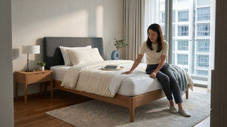 Woman checking a super single mattress protector on a neatly styled bed in a bright Singapore bedroom.