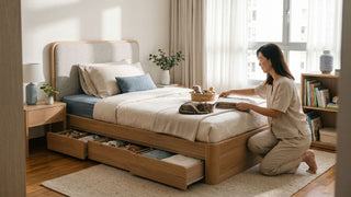 Woman tidying a super single storage bed with under-bed drawers in a bright Singapore bedroom.