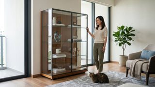 Tall tempered glass display cabinet in a Singapore living room with wood interior shelves and decorative collectibles