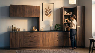 Woman arranging jars in a tall wooden kitchen storage cabinet beside matching drawers and wall cabinets