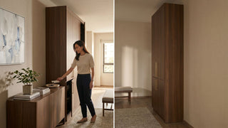 Woman placing keys on a console beside a tall wooden shoe cabinet in a compact Singapore HDB entryway.