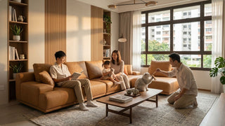 Family relaxing on a tan floor sofa in a cosy Singapore HDB living room with cats