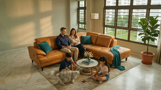Family enjoying a tan luxury sofa with chaise in a spacious Singapore living room