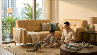 Family with cat in a Singapore living room featuring a tan sofa, round coffee table, and pet-friendly seating