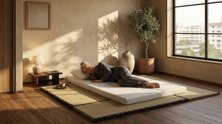 Elderly woman resting on a low mattress over tatami mats in a warm Japandi-style bedroom