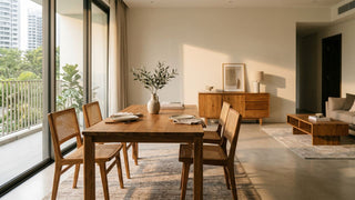 Teak dining table with rattan chairs in a warm Singapore condo living room beside a balcony.