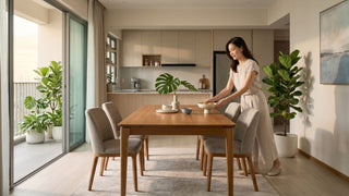 Woman setting a teak dining table in a bright Singapore condo dining area with upholstered chairs and indoor plants.