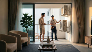 Technician explaining outdoor aircon compressor units to a homeowner on a Singapore balcony beside a modern living room